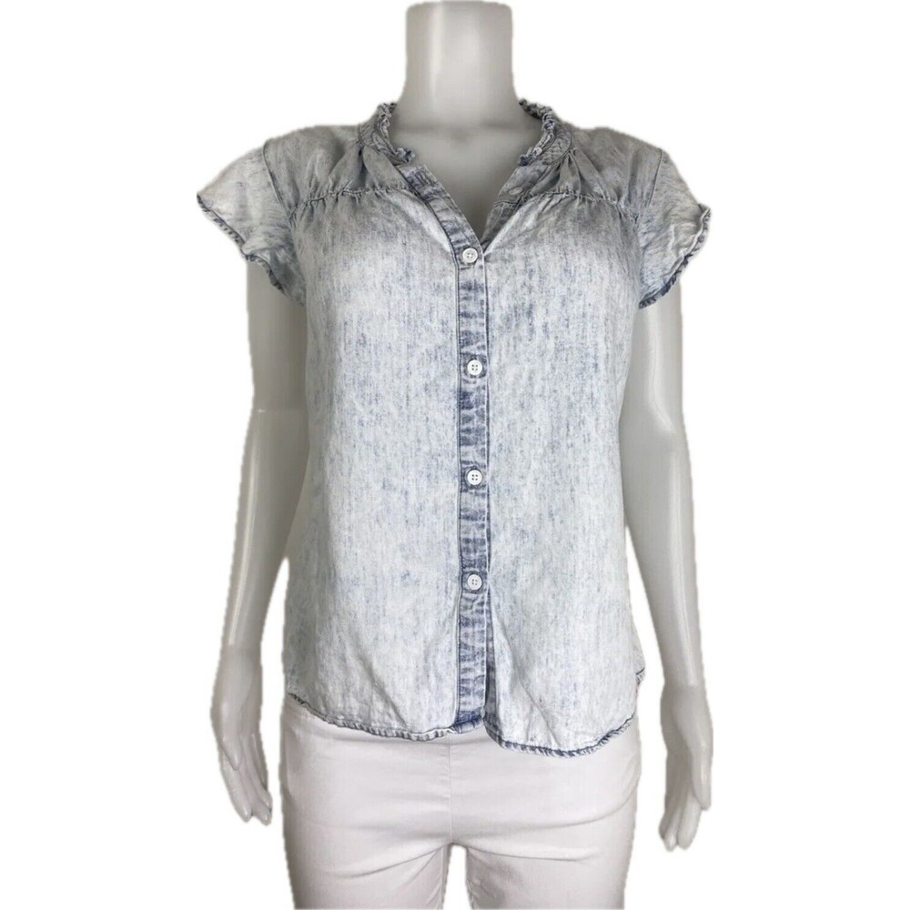F. Rails Denim Top Size M Multicolor Blouse Cap Sleeve V Neck